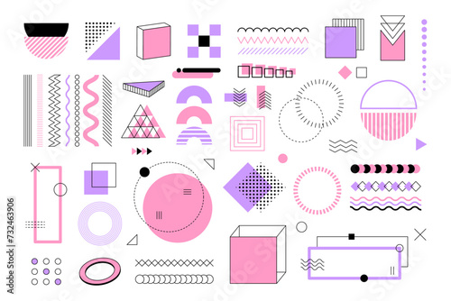 Frame geometry. Simple retro decoration, line pink and purple title, label icon box, pop modern, diagram infographic, border ornament Memphis. Vector design garish isolated contemporary element set