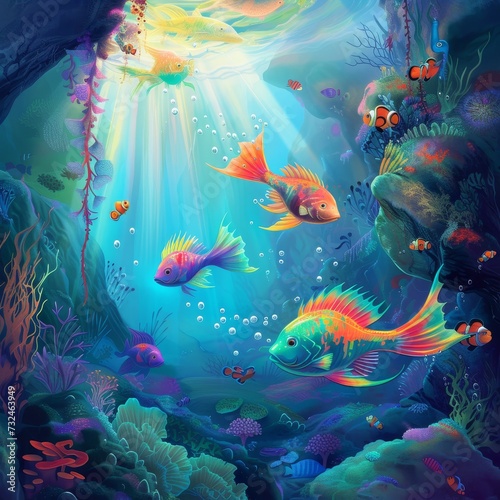 A vibrant rainbow fish scene, stimulating underwater exploration and color recognition.