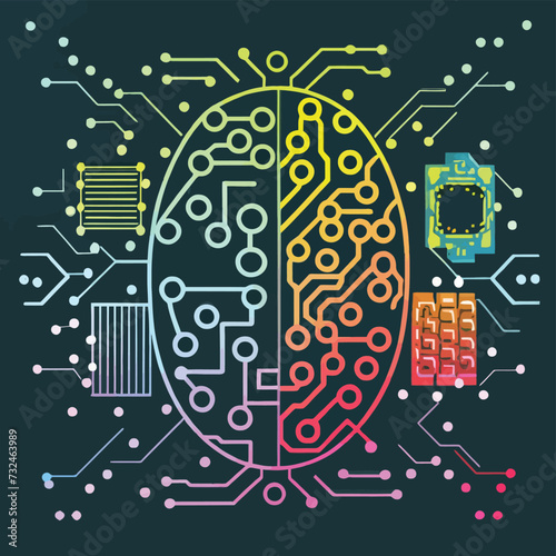 illustrations vector Human brain, technology, neural development, artificial intelligence, and human mind development
