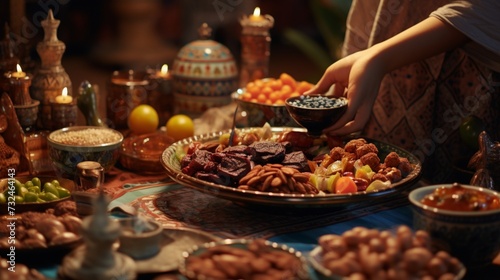 Immerse yourself in the culinary heritage of Ramadan as you discover the artistry of preparing Traditional Arabic dishes, showcasing the essence of dates and almonds. © Aqib