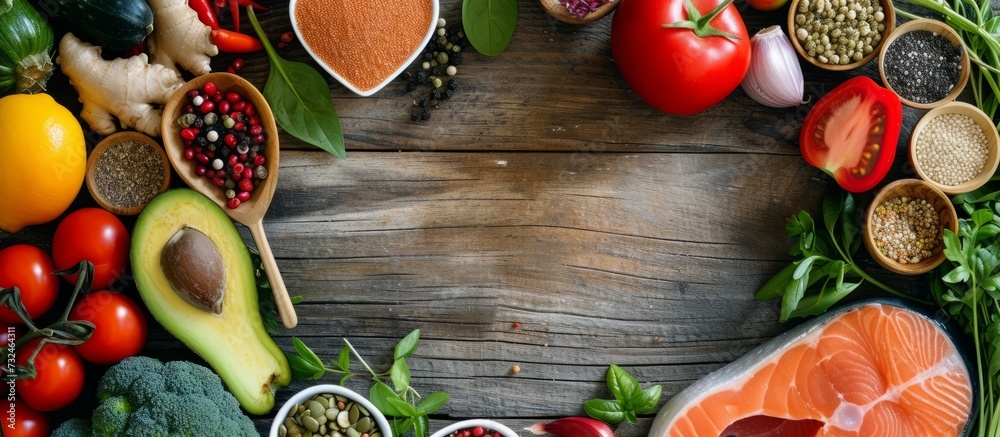 A table adorned with an assortment of natural foods, such as fruits and vegetables, creating a delightful display of plant-based ingredients for recipes and dishes. A table adorned with an assortment of natural foods, such as fruits and vegetables, creating a delightful display of plant-based ingredients for recipes and dishes.
