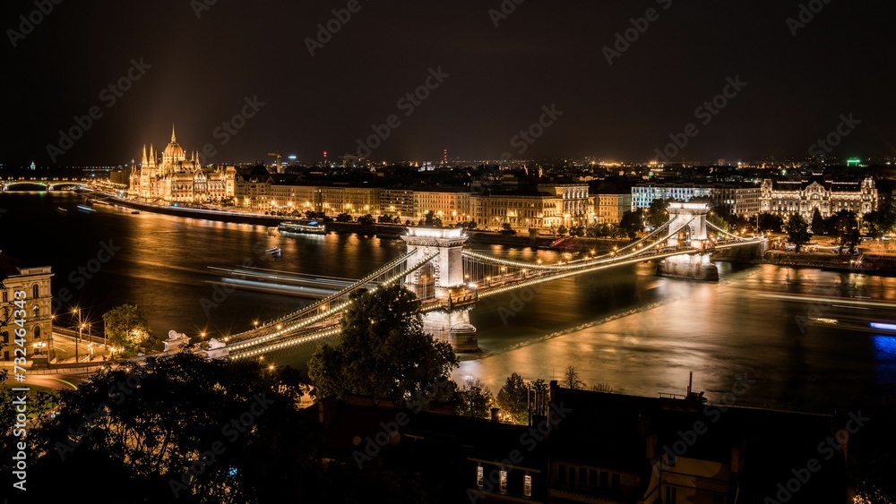 the chain bridge and river in budapest by night, seen from the top