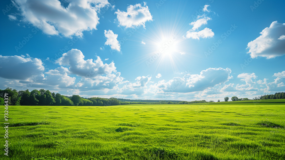 Obraz premium 푸른 하늘 아래 펼쳐진 싱그러운 초원의 평화로운 풍경