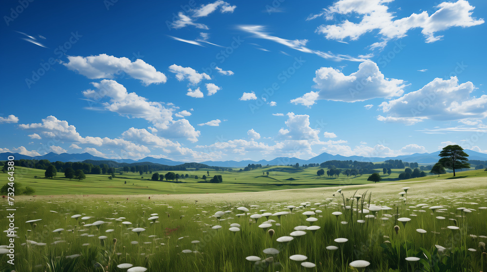 Fototapeta premium 푸른 하늘 아래 펼쳐진 싱그러운 초원의 평화로운 풍경