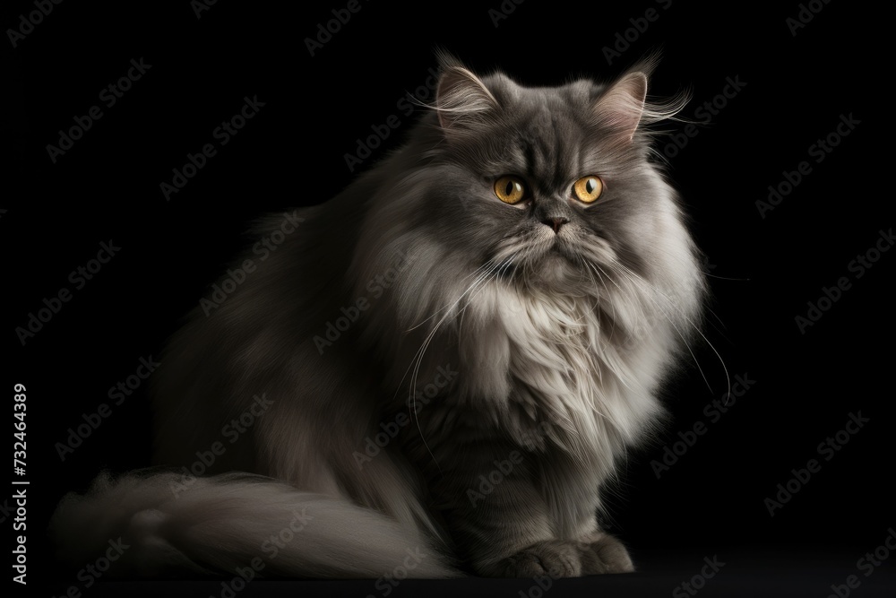 AI-generated illustration of a fluffy Persian cat against a black background.