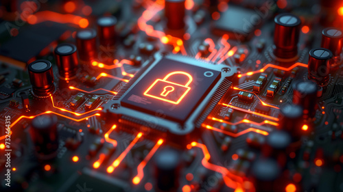 a lock symbol on a Microchip on motherboard Security Technology Concept