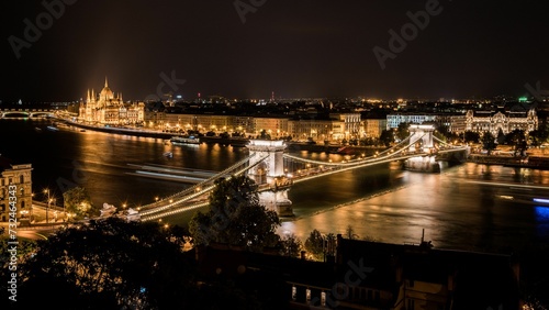 the chain bridge and river in budapest by night  seen from the top