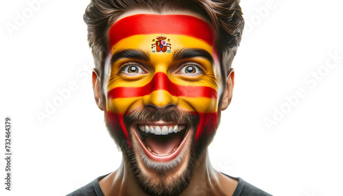 man soccer fun portrait with painted face of spanish national flag isolated on transparent background