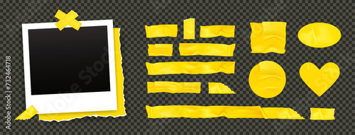 Paper adhesive tape. Photo frame. Sticker shape. Torn note. Photograph background art. Snapshot picture attach. Yellow piece scotch. Scrapbook design. Old label duct. Sticky strip. elements set