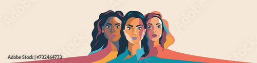 Vector banner with place for text for Women's Day. Strong women from different cultures stand side by side. Concept feminism gender equality protection of rights and freedoms rights of women photo