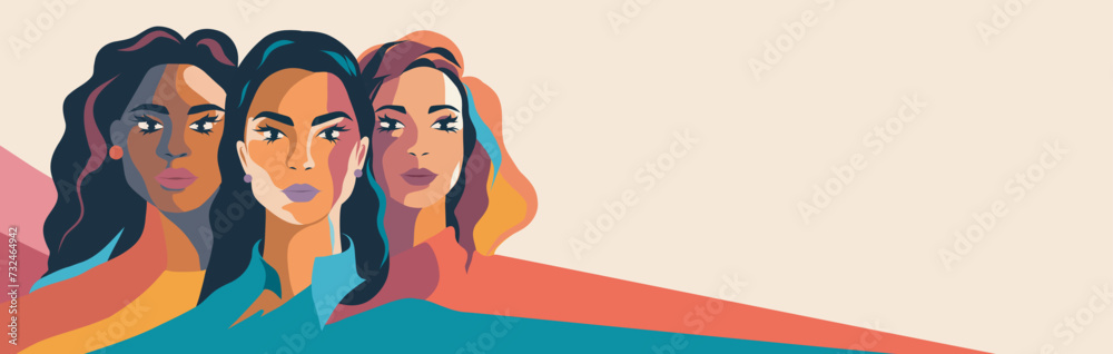  Vector flat card with horizontal banner place for text for Women's Day. Strong women from different cultures stand together side by side. Vector concept feminism gender equality women's rights