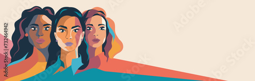  Vector flat card with horizontal banner place for text for Women's Day. Strong women from different cultures stand together side by side. Vector concept feminism gender equality women's rights