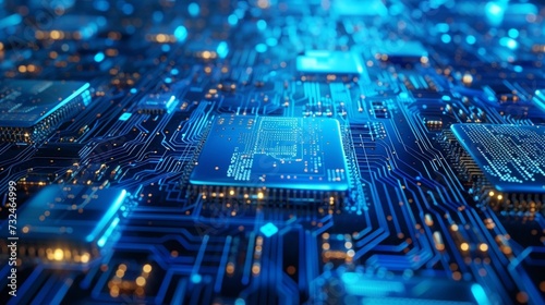 Circuit board futuristic server code processing, Geometri bright neon blue colorsn background photo