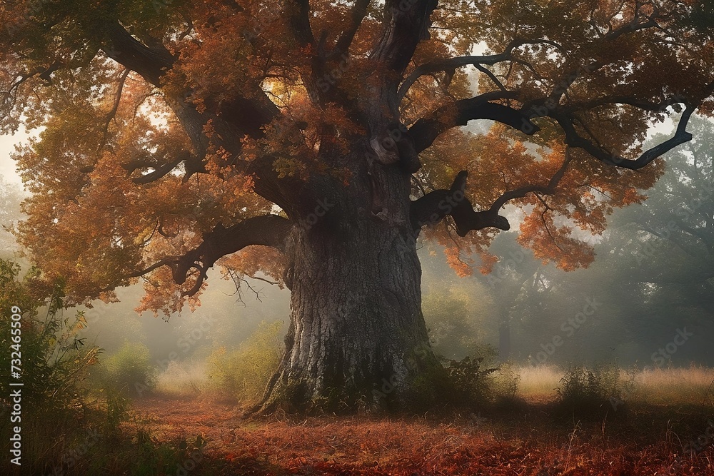 AI generated illustration of a majestic oak tree backlit by golden ...