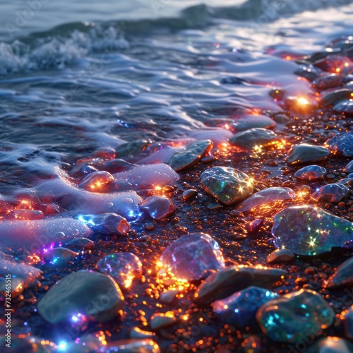 Sparkling beach pebbles shine like colorful diamonds on the beach that are soothing to the eyes, concept of imagination. Great for business, blogs, advertising, tourism etc. Generative Ai