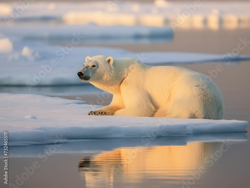 AI generated illustration of a white polar bear resting on the frozen surface of a body of water
