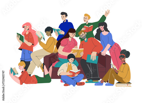 Students with books. Clever people. Young men and women read story together. Reader characters portrait. Friends in library. Teacher shares knowledge. Education group. Vector studying persons on sofa