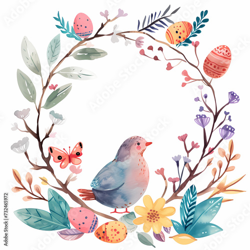 Easter watercolor greeting template with colorful easter eggs and flowers, white background © MagKlodelArt
