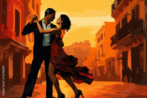 An artistic representation showcasing a couple engaged in a tango dance on a lively city street