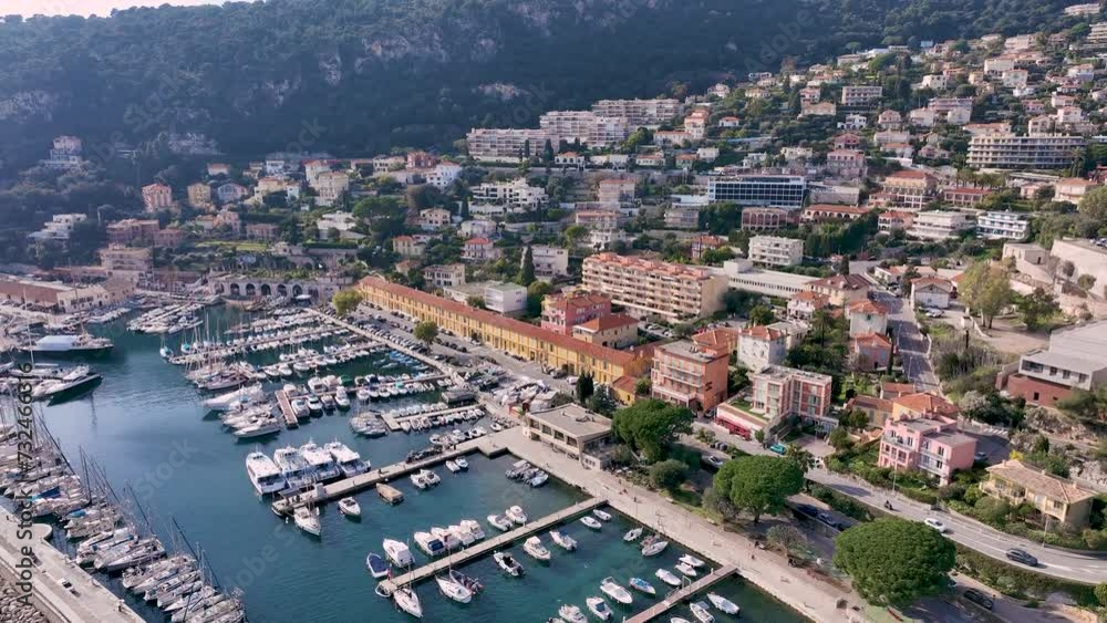 Drone reveals in reverse the Royal Port of La Darse in Villefranche sur mer. France Drone reveals in reverse the Royal Port of La Darse in Villefranche sur mer. France