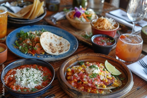 A vibrant Mexican food feast spread on a rustic wooden table, featuring tacos, quesadillas, enchiladas, and chiles en nogada, with colorful tableware and a festive atmosphere.