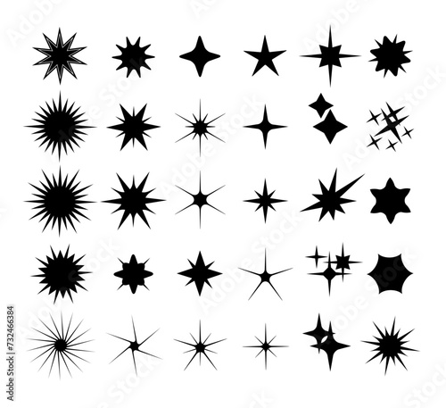 Star icon, shape light. Logo shine, line minimal sunburst, glitter isolated black element, galaxy simple Geometric shapes, abstract magic flare, burst, bright spark, black silhouette. Vector glow