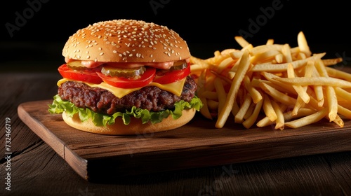 Front view yummy meat cheeseburger with french fries on cutting board light surface, realistic, HD, copy space - generative ai