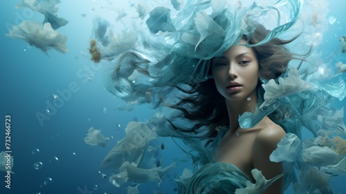Underwater portrait of attractive brunette girl with natural makeup. Artictic portrait of a beautiful young woman in aqua color tone, underwater shot. Art portrait of a pretty model in blue water. photo