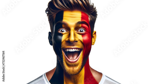 man soccer fun portrait with painted face of belgian national flag isolated on transparent background photo