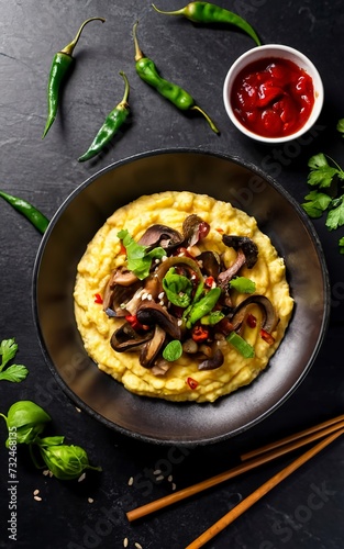 Asian style corn polenta with mushrooms with hot peppers and soy sauce on a dark background. vegan cuisine
