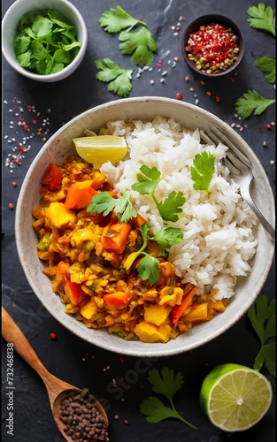 Basmati rice with curry from vegetables and lentils. Healthy spicy vegan food.