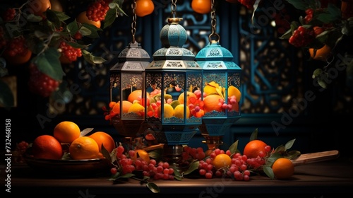 Let the vibrant hues of an Oriental Colored Lantern With Dates fruit transport you to an enchanting realm.