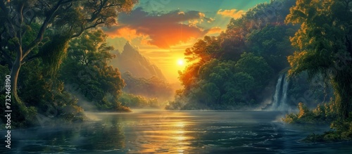 A tranquil natural landscape depicting a sunset with a river reflecting the sky, mountains, and trees at horizon, creating a serene atmosphere. © AkuAku