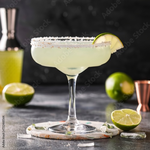 classic margarita cocktail on the table with bar accessories.