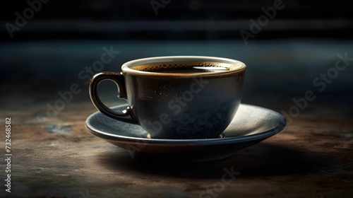AI generated illustration of A hot cup of coffee on a wooden table against a dark background