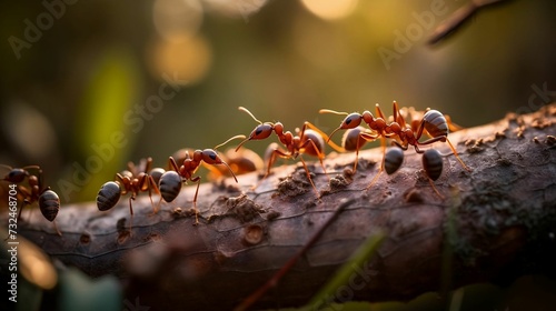 AI generated illustration of a variety of ants crawling along a gnarled tree branch © Wirestock