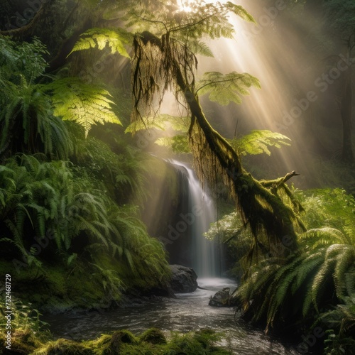 AI generated waterfall cascading over a rocky outcrop surrounded by lush green foliage photo