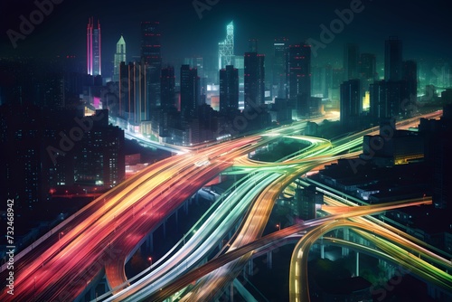 AI generated illustration of a cityscape at night, featuring bright light trails from the buildings