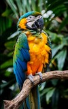 Endangered macaw perching on branch vibrant feathers beautifully