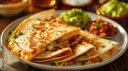 Wallpaper Mural Quesadillas brimming with cheese alongside guacamole and salsa, showcased on a wood table, spotlighting the indulgent textures and allure of this comforting meal. Torontodigital.ca