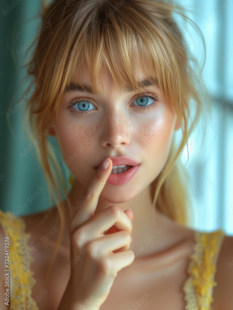 Beautiful blonde with index finger on her lips. Beautiful blonde with index finger on her lips.