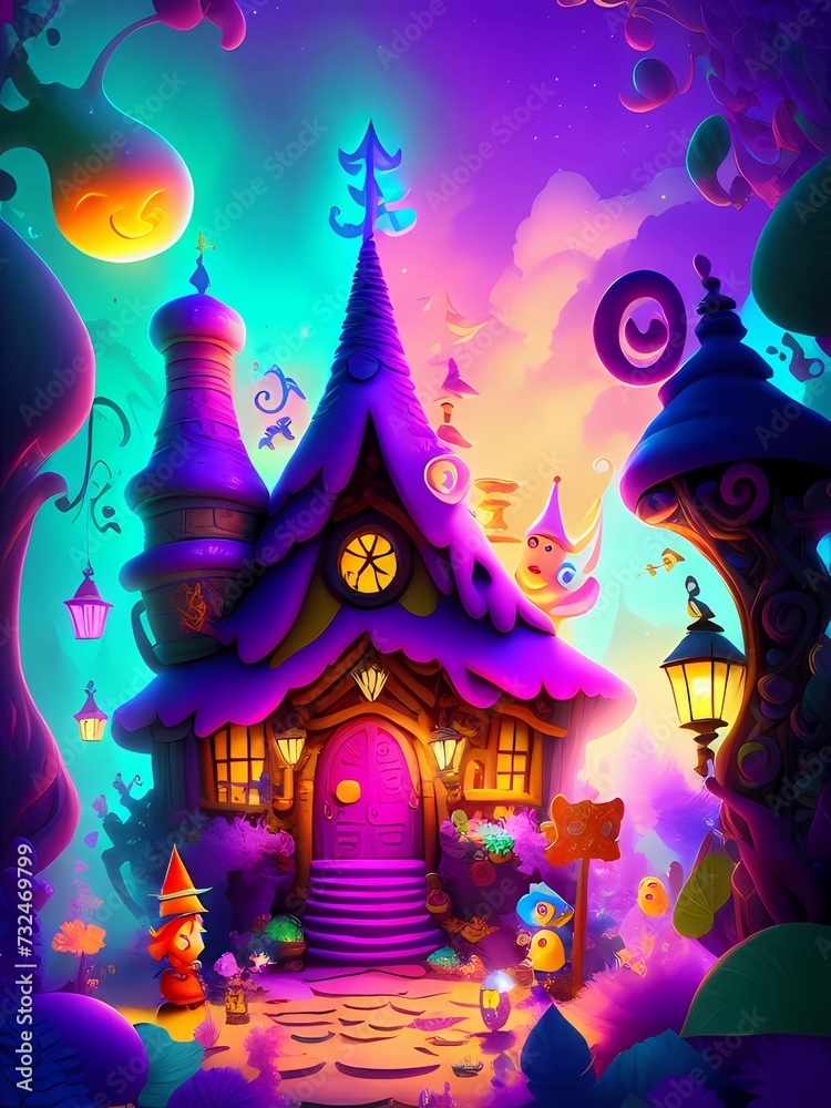 A cartoon house with trees and lanterns: Enchanted Evening in a Whimsical Cartoon Wonderland