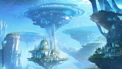 AI generated illustration of an underwater city with an amazing landscape of futuristic architecture