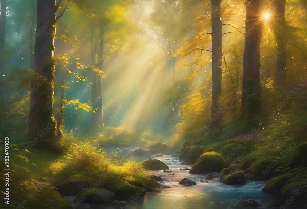 A picturesque landscape of a lush forest in the late afternoon sun, featuring a tranquil river