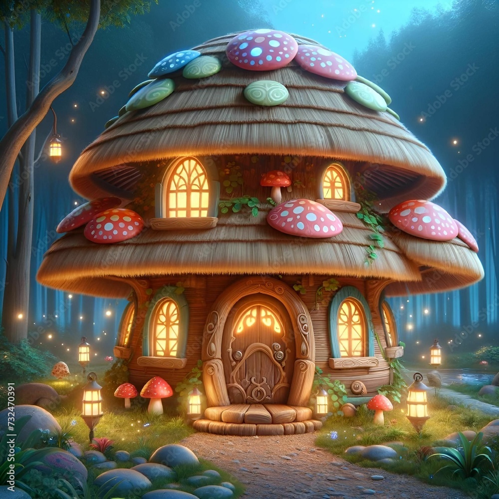 An AI-generated image of a whimsical mushroom-shaped house at dusk in a magical forest.