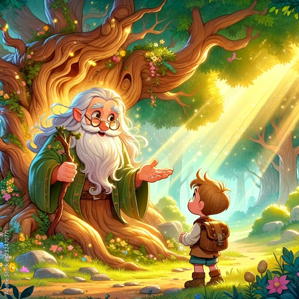 Enchanted Forest Guardian Offering Wisdom to Young Adventurer. Ai generated