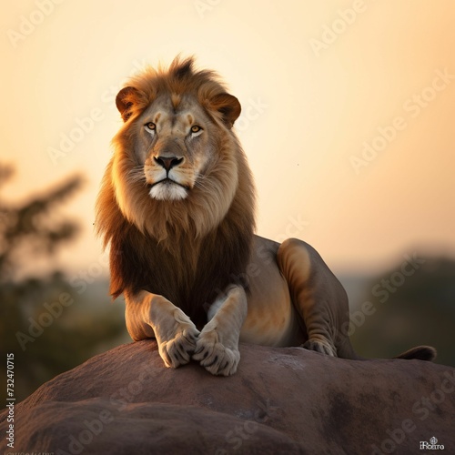 AI-generated illustration of a male lion resting in a reclined position on a rock.