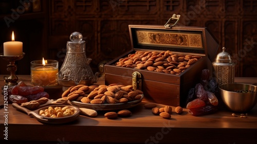 Savor the moments of togetherness during Ramadan with the timeless charm of dates and almonds.