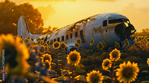 Old passenger plane in a field of sunflowers. photo