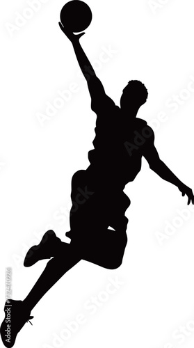 Silhouette of a basketball player flying in the air with a ball against a white background.